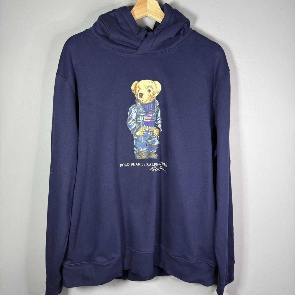 Polo Ralph Lauren Polo Bear Denim Flag Hoodie Men XL Navy Americana Y2K - Picture 3 of 11